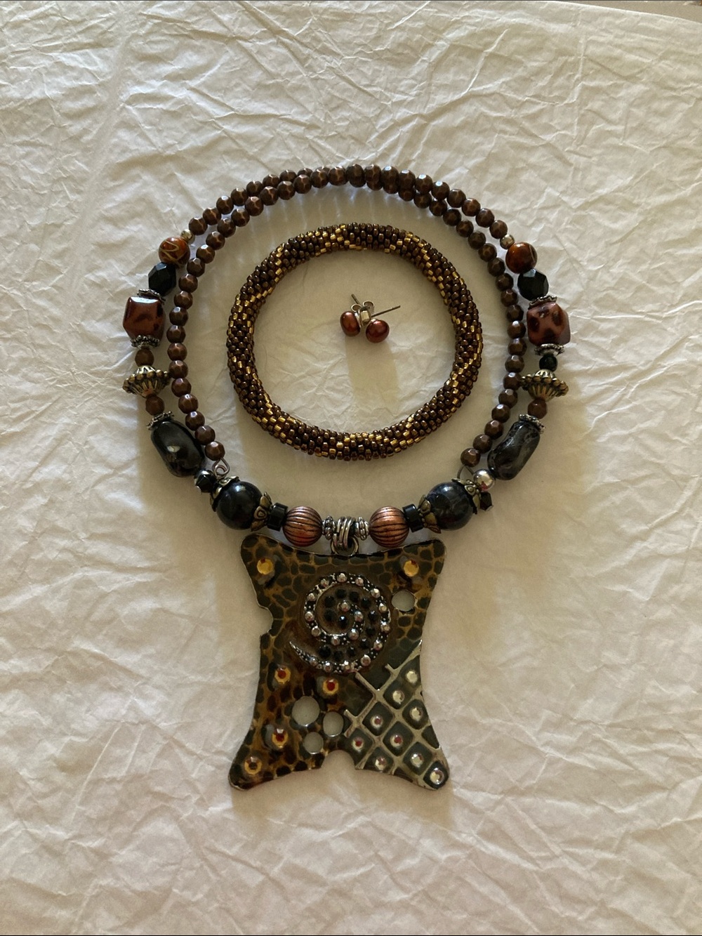 Brown and Black Mixed Bead Statement Necklace Set